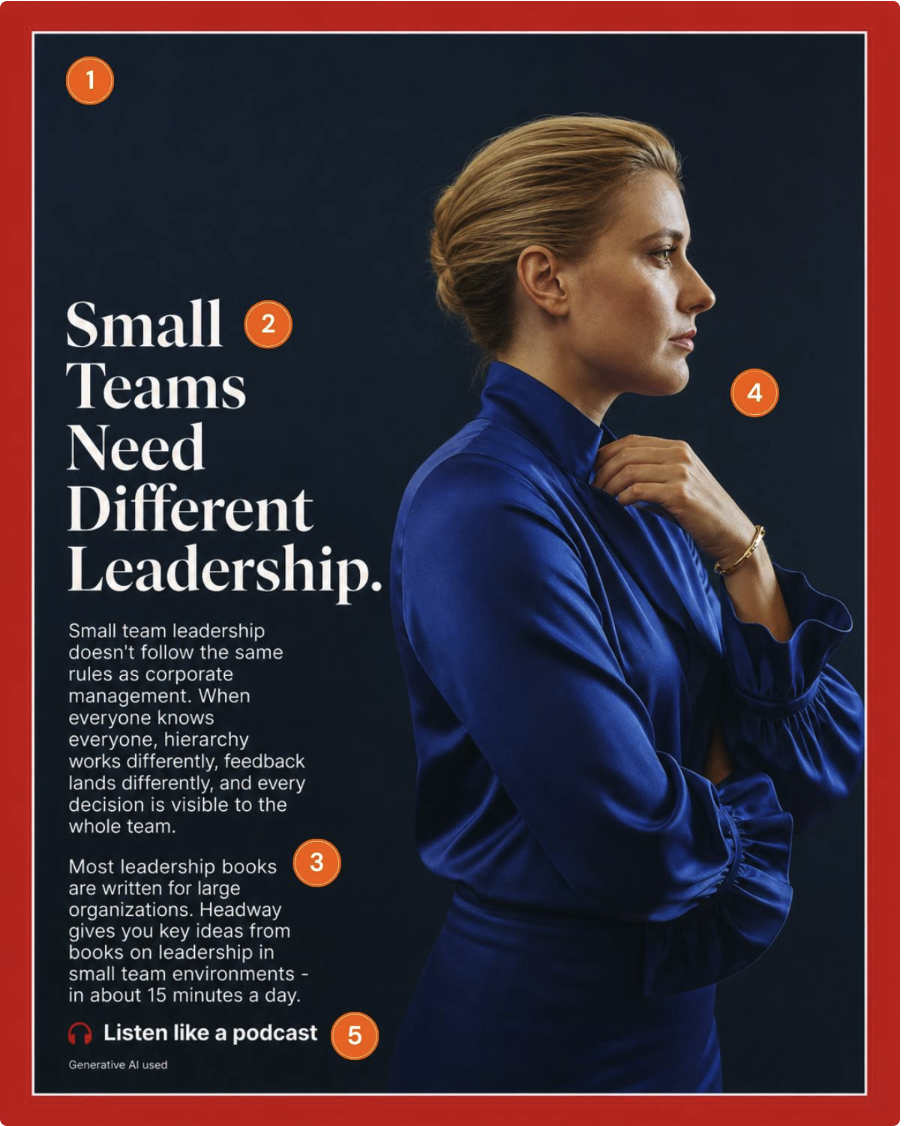 Annotated magazine-style leadership ad with five numbered callouts from The Breakdown.